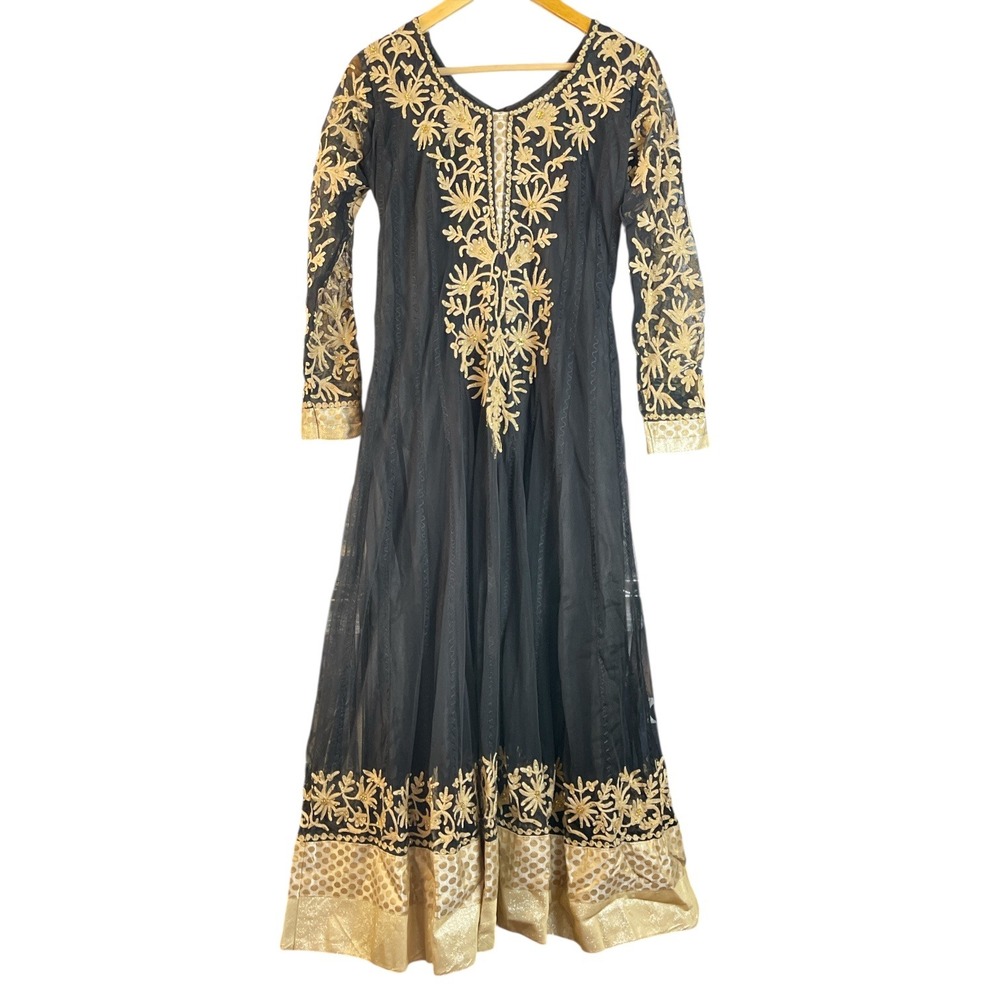 Whimsigoth Fairy Black Gold Embroidered Long Sleeve‎ Maxi Renaissance  Size 27 - Picture 3 of 7